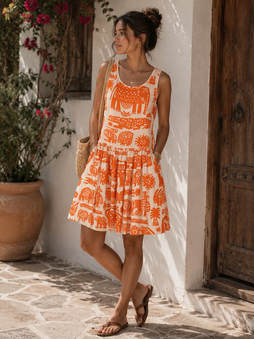 Topshop Boho Safari Dress Womens 6 Cream Orange Animal Print Resortcore Tribal